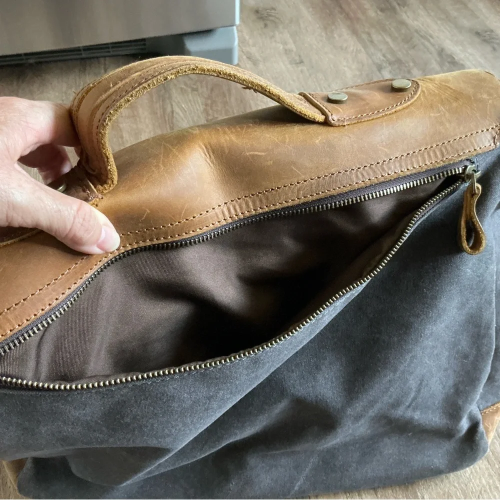 Messenger Bag VASCHY Brown Leather Denim Canvas Computer Pockets Crossbody Tote